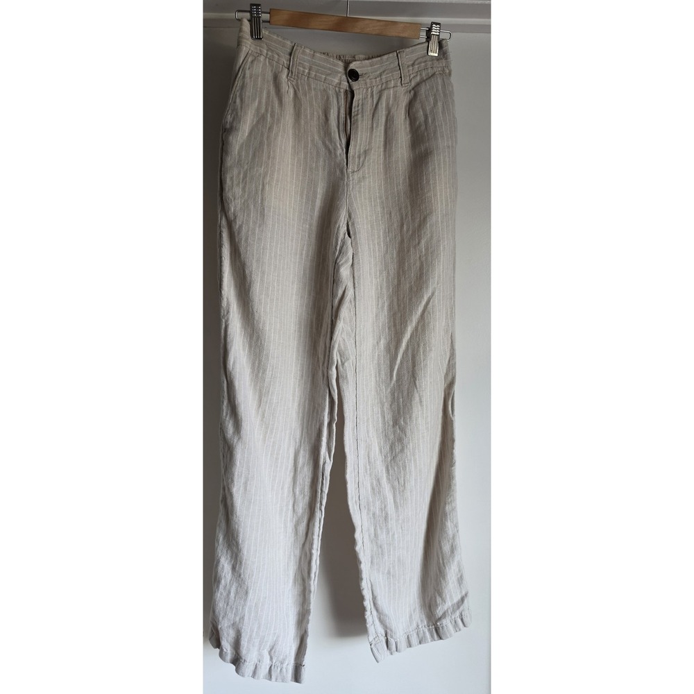 Lands' End Women's Linen Pants Size 2 Striped Tan Casual Straight Trousers